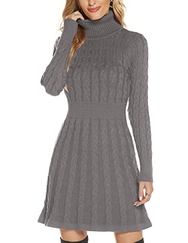 QUNERY Damen Pullover Kleid Elegant Strickkleid Casual Langarm Winterkleid Einfarbig Rollkragen High Stretch Jumper für Winter B-Grau S