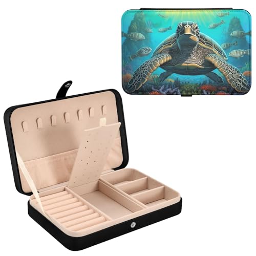 Haskirky Sea Turtle Jewelry Box Portable PU Leather Travel Jewelry Organize for Women Jewelry Storage Display Holder for Ring, Necklace, Earring