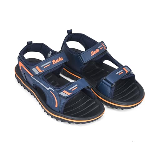 Image of Bata Men's Sports Sandals, Dual Velcro Strap, Textured Sole (NAVY /ORANGE, UK Footwear Size System, Adult, Men, Numeric, Medium, 9)