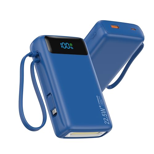 Nusyddy Cargador portátil con cable integrado, cargador USB C de carga rápida con pantalla LED de 27000 mAh, cargador de teléfono portátil, batería de respaldo para iPhone 16/15, Android y más