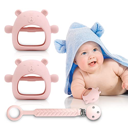 Image of Baby Teether 2 Pack for 0-6 Months, Teething Toys for 6-12 Months, Pacifier Clip, Silicone Baby Chew Toys, Pink
