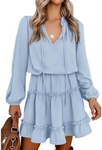 BTFBM Long Sleeve Fall Dresses for Women 2025 Summer Casual Tie Neck Ruffle Tiered A Line Wedding Guest Short Mini Dress