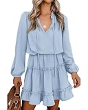BTFBM Long Sleeve Summer Dresses for Women 2026 Casual Tie Neck Ruffle Tiered A Line Mini Spring Wedding Guest Dress(Long Sleeve Light Blue, Large)