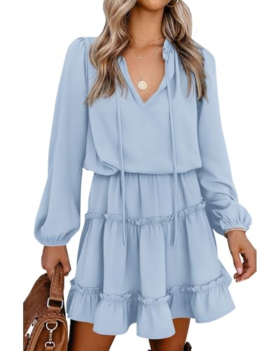 BTFBM Long Sleeve Fall Dresses for Women 2025 Summer Casual Tie Neck Ruffle Tiered A Line Wedding Guest Short Mini Dress