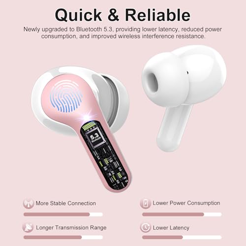 Image of Wireless Earbuds, Bluetooth 5.4 Headphones HiFi Stereo, Bluetooth Earbuds with ENC Noise Cancelling Mic, IP7 Waterproof in Ear Earphones, 48H, LED Display Ear Buds for Pad Phones Workout Sports, Pink