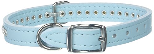 Image of Signature Leather Crystal Dog Collar, Baby Blue Solid Grain Leather, Fits 9.5 inch-11.5 inch Neck Size, 14 inch Overall Length