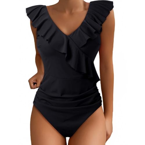 Trajes de baño para mujer, lindos trajes de baño adelgazantes, trajes de baño con cuello en V y volantes, en fibres douces, suave y slim fit, ideal para oficina, tendencia actual décontracté