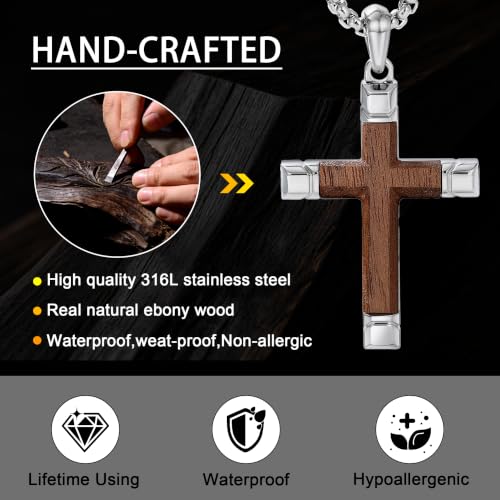 Image of Wooden Cross Necklace for Men with Stainless Steel Adjustable Chain 24-26in, Christian Wood Crucifix Pendant Gift for Him
