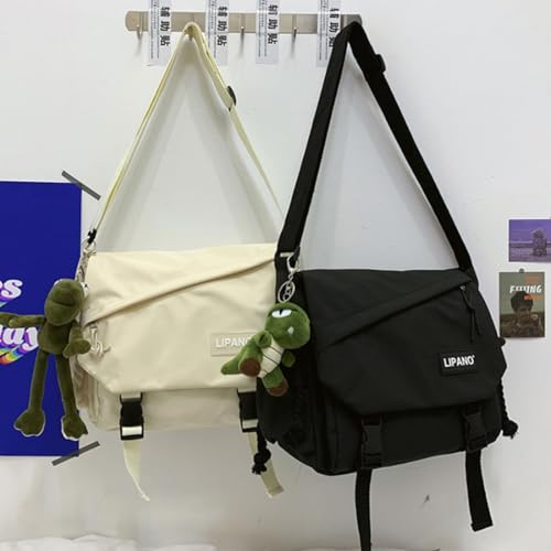 Image of Aesthetic Crossbody Bag with Cute Pins and Ornament, Nylon Shoulder Messenger Bag Japanese Kawaii Bag for Women Men
