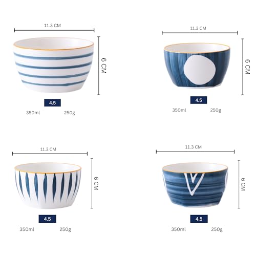 Image of Beyond Homes Ceramic Bowl Set of 4, 4.25 Inch | Dishwasher & Microwave Safe Bowl Set for Snacks, Rice, Dal, Fruits, Salad | Printed Ceramic Serving Bowls Set | Elegant White & Blue (350 ml)