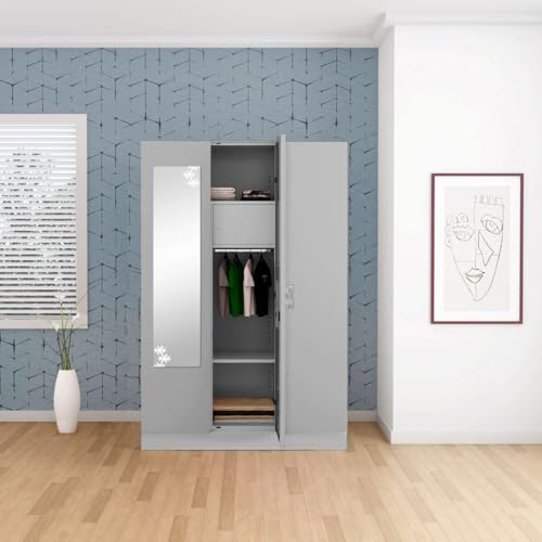 Image of Interio by Godrej Almirah Slimline 3-Door Steel Almirah, Cupboard for Clothes (Royal Ivory), 1-Year Warranty, 6 Shelves, 1 Locker, 2 Drawers, Star Design Mirror