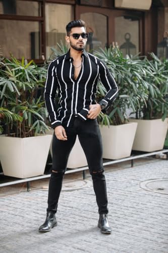 Image of MiraMichi Men's Striped Slim Fit Lycra Shirt | Full Sleeve Stretchable Shirt | Trendy Black and White Vertical Stripes for Casual