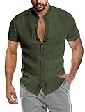 COOFANDY Men's Short Sleeve Button Up Shirt Muscle Fit Collarless Dress Shirts Casual Button Down Business Casual Shirts Green