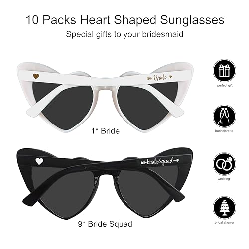 PartyGifts&beyond Bachelorette Sunglasses Heart Sunglasses 10 Packs Bride Squad Sunglasses for Bachelorette Party Favors2