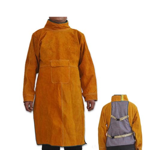SEIWEI Cowhide Welding Work Apron with Sleeve, Heat Flame Resistant Apron, Adjustable Blacksmith Aprons for Welders Men Women