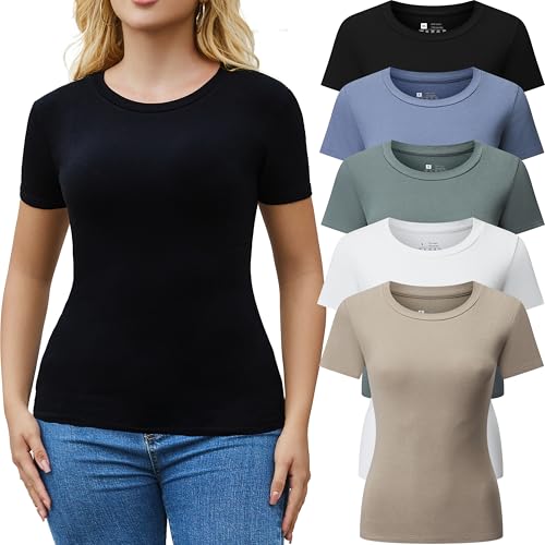 3/5 Pack Crew Neck T Shirts for Women Daily Casual Womens Fitted Tshirt Basic Tops for Women Stretchy Womens Tees
