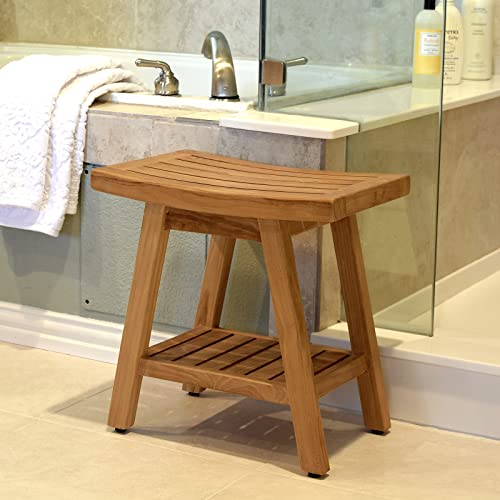 WWVVPET Asta Saba Solid Teak Indoor Outdoor Shower/Bath/Spa Stool Bench with Bottom Shelf, Fully Assembled, TB-115A - Thumbnail 3
