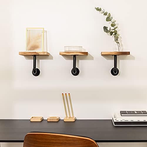 Navaris Industrial Pipe Shelf Set - 3 Small Wooden Shelves with Black Pipe Shelf Brackets - 15x20cm Wall-Mounted Wood Shelving - Size S, Burnt Brown