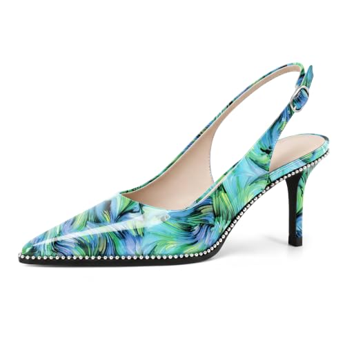Image of YODEKS Slingback Heels for Women Pointy Toe Beaded Heels Close Toe Kitten Heel Pumps 2.5 Inch Stiletto Pumps Wedding Party Dressy Shoes