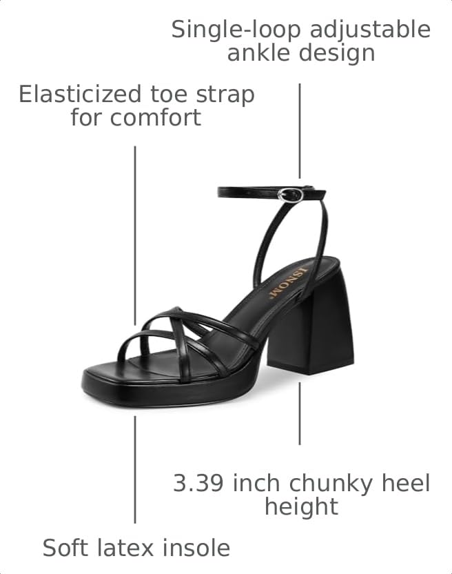 Image of ISNOM Platform Heels for Women Block Chunky Sandals Strappy Ankle Strap | Platform Heels with Square Toe and Ankle Strap. Comfortable Chunky Sandals for Weddings, Parties, and Daily Wear
