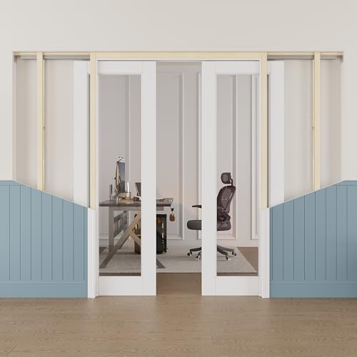 Image of 48 inch x 80 inch (Double 24 inch x 80 inch) Clear Glass Pocket Door, Soft-Close Sliding Pocket Door with Frame & Hardware Kit Set, Primed All-Inclusive Interior Door Slab for Home, White, Need to Assemble