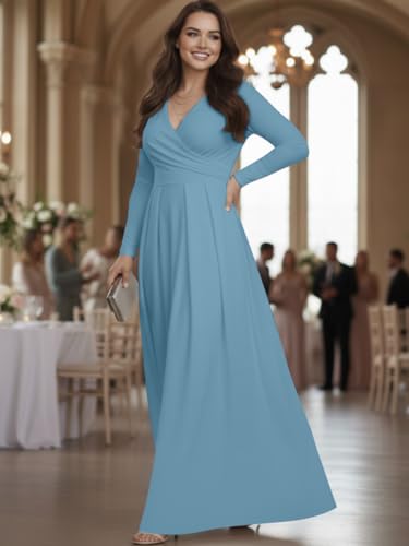 Image of KOH KOH Womens Long Sleeve V-Neck Flowy Modest Elegant Evening Maxi Dress