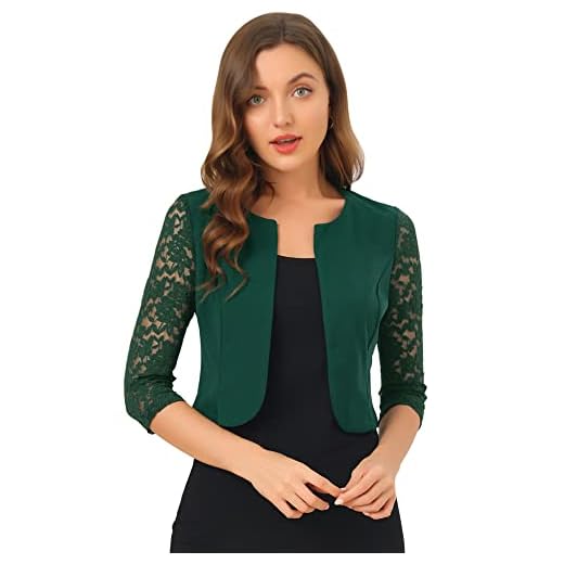 Allegra K Cárdigans Elegantes con Cuello Redondo y Mangas 3/4 de Encaje Transparente para Mujer Verde Oscuro M
