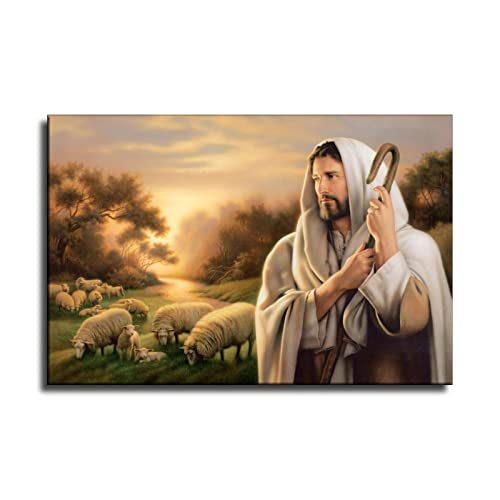 FireDeer Catholic Jesus Poster Print On Canvas Painting Christian God Pictures for Living Room No Frame (Jesus and Sheep,16x24inch)