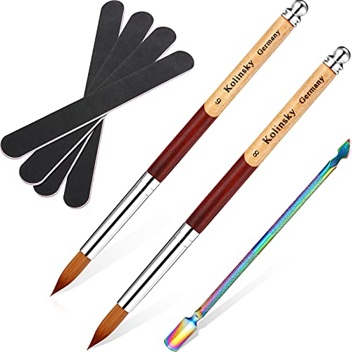 7 Pieces Acrylic Nail Brushes Set, Metal Chameleon Cuticle Pusher and 4 Pieces Nail Files, 2 Pieces Kolinsky Acrylic Nail Brush with 2-Color Stitching Design Wooden Handle (Size 6 and Size 8)