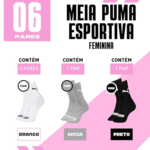 KIT 6 MEIA ESPORTIVA CANO MEDIO - PUMA | 1 Cinza - 1 Preto - 4 Branco | 34-39