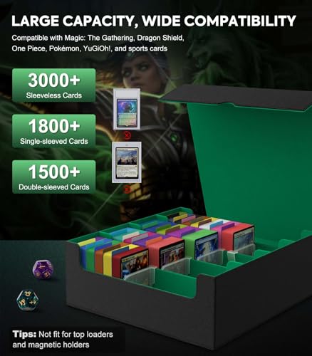 Image of MoKo Trading Card Storage Box, 3000+ MTG Deck Box with 24 Colorful Dividers & 4 Card Supporters, Commander Card Deck Case Fits for Magic Game Cards, YugiOh, TCG, PTG and Sport Cards, Green