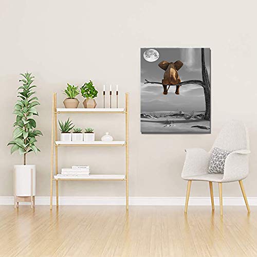 Elephant Art Wall Decor Animal Resting Elephant Look At The Moon Wall Pictures For Bedroom Living Room Bathroom Decoration, Wooden Framed Stretched Print On Canvas Poster Ready To Hang 12" X 16" #TOP2