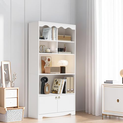 JoanKaren 63 Inches Tall Storage Cabinet, 5-Tier Bookcase, Wooden Bookshelf Storage Organizer, Freestanding Display Storage Cabinet, White Bookcase and Bookshelf for Home Office, Living Room, Bedroom