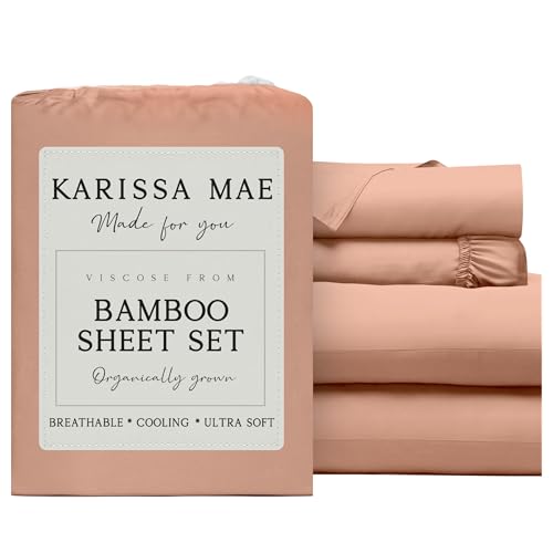 Image of KARISSA MAE Luxury Bamboo Viscose Queen Size Sheet Set | FSC Certified | Cooling | Ultra Soft | 18 inch Deep Pockets | Elastic Corner Straps | Includes Organizer Band [Terracotta]
