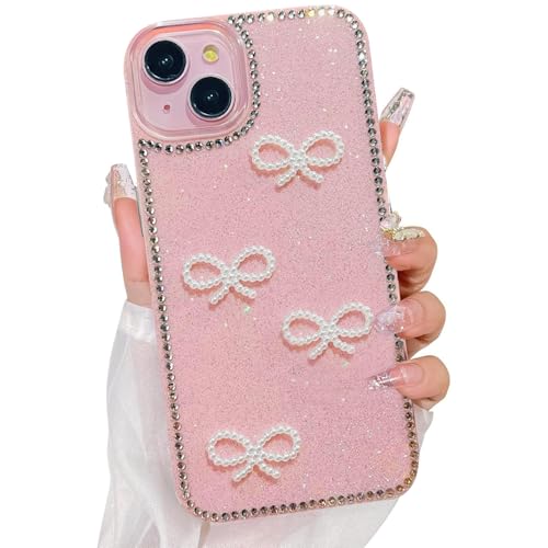 Image of DIZORO Compatible for iPhone 13 / iPhone 14 Cover 6.1, Luxury Diamond Cute with Bow Glitter Bling Case with Full Camera Protection PC+TPU Glossy Shiny Back Cover Case for Girls Women (Pink)