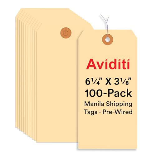 AVIDITI Pre-Wired 6 ¼” x 3 ?” Manila Shipping Tags (100-Pack) | Paper Hang Tags Made from Durable 13pt. Cardstock with a Reinforced Eyelet