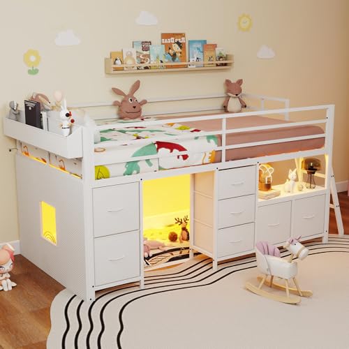 Low Loft Bed with 7 Storage Drawers and Bookcase, Twin Low Loft Bed for Kids with 14" H Safety Guardrail, Inclined Ladder and LED Lights, Under-Bed Pl