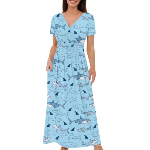 Image of Women's Fall Summer Short Sleeve Ankle Length V-Neck Party Dress with Pockets Size S-3XL