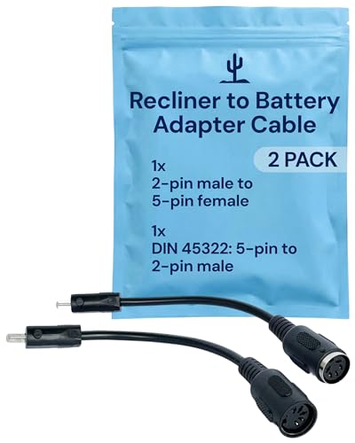 Image of Blue Cactus 2 to 5-pin Adapter Cables for Recliner Battery Pack, 2-Pack | Connects Battery to Major Recliner Brands - 1pc 2-pin to 5-pin - 1pc DIN 45322: 5-pin to 2-pin - Compatible with La-Z-Boy
