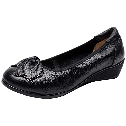 Jamron Mujer Piel Genuina Zapatos Cómodos Suela Blanda Flor Bailarinas Talón de Cuña Baja Pumps Pantuflas Negro SN070358 EU38