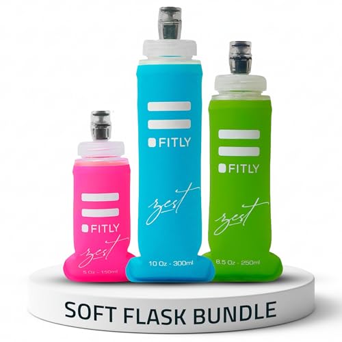 FITLY Zest - Set de Botellas Blandas 3 en 1 (150 ml, 250 ml, 300 ml) - Se Encoge al Beber - Botellas de Agua Plegables para Mochila de Hidratación/Chaleco de Running Pink, Blue, Green