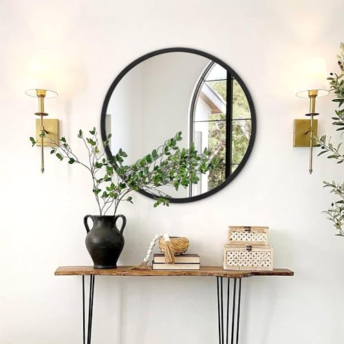 JJUUYOU Circle Wall Mirror 50CM for Home Decor Black Round Mirror for Bathroom Wall Mounted Metal Frame Mirrors for Living Room Bedroom Washroom Dorm - Image 3
