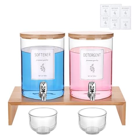 Laundry Detergent Dispenser with Bamboo Lids, Shelf Stand, Spouts, 8 Waterproof Labels, 2 Glass Cups for Liquid Detergent - 2-Pack 120 oz Glass Containers for Laundry Room Organization and Storage Cover