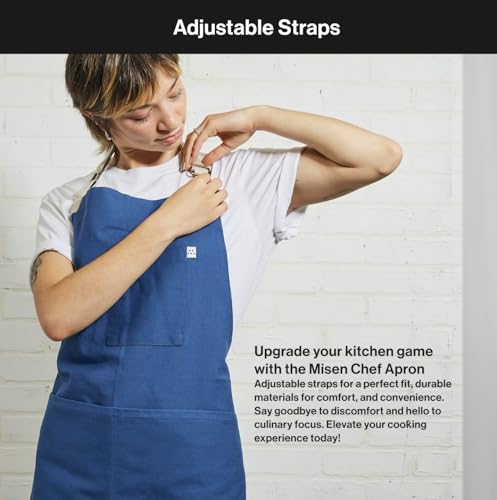 Image of Misen Chef Apron - Blue, Adjustable & Versatile - Comfortable, Durable, Easy to Clean - Machine Washable & Non-Chlorine Bleach - Two Words: Pocket Towels - Kitchen & Restaurant Aprons with Pockets