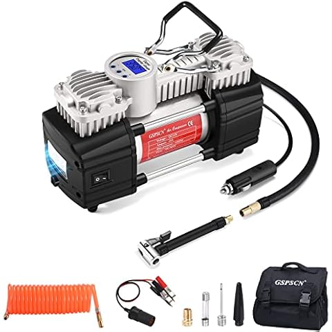 GSPSCN Portable 12V Air Compressor Pump Digital Display Tire Inflator with LED Flashlight, Heavy Duty Dual Cylinder Tire Pump 150 PSI with Locking Air Chuck for Auto,SUV,Off-Road,Truck,RV,Bike etc Cover