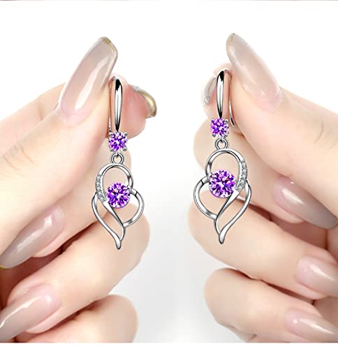 Dangle Plated Silver Nickel Free Earrings For Women Girls Teens Fashion Heart Dangle Drop Sparkly Crystal Earrings For Women Girls Teens (Heart-Purple) #TOP1