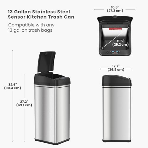 Image of iTouchless 13 Gallon Sensor Trash Can with AC Adapter, Battery-Free Stainless Steel Automatic Bin with Odor Filter, Great for Kitchen and Office