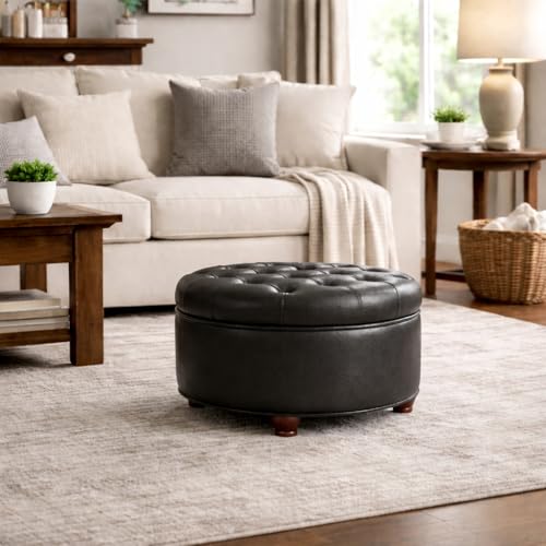 Image of HomePop 25 inch Button Tufted Round Storage Ottoman - Black Faux Leather