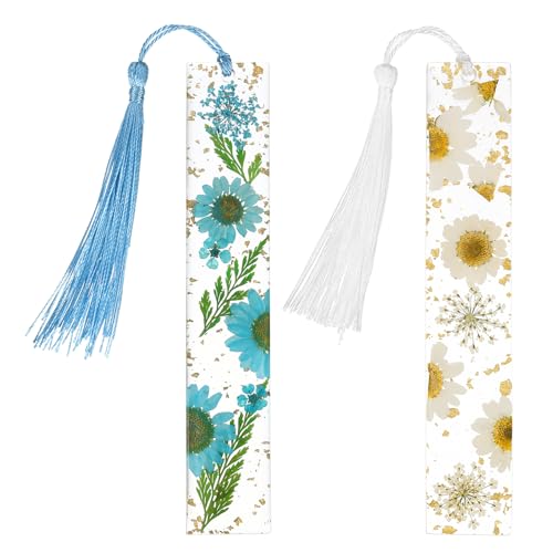 sourcing map 2 marcapáginas de flores secas de resina para mujer, marcadores de libros florales secos transparentes con borlas, color blanco y azul