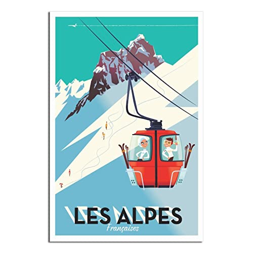 RONGCHENG Affiche de voyage vintage en forme de voiture de ski des Alpes sur toile - Décoration murale - Poster imprimé - Peinture cadeau